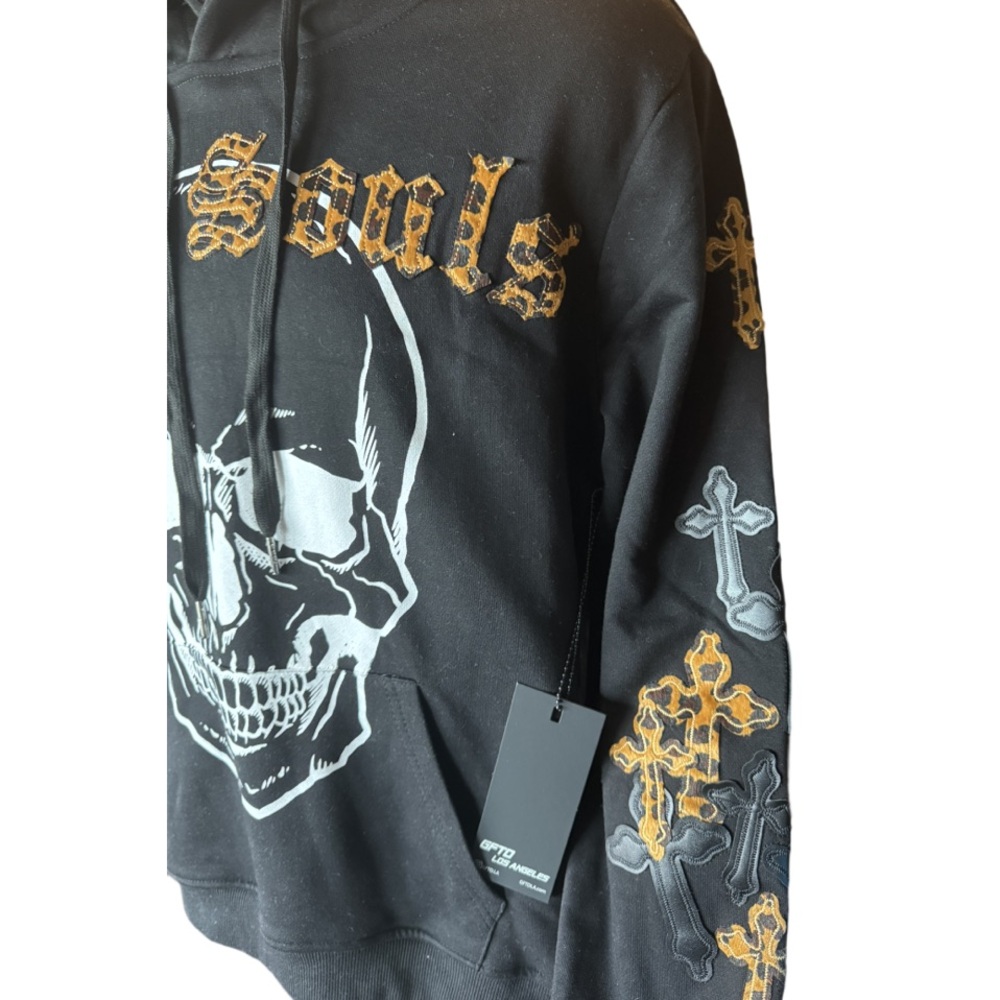 New GFTD Los Angeles Streetwear Men’s Black Hoodie Skull Cross Appliqué Sz Small